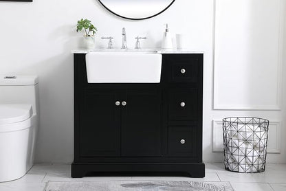 36" Pre-Assembled Bathroom Vanity with Sink, Solid Birch and MDF, Carrara White Marble Countertop Attached, Single Rectangle Porcelain Sink, 3 Soft-Close Drawers, Black