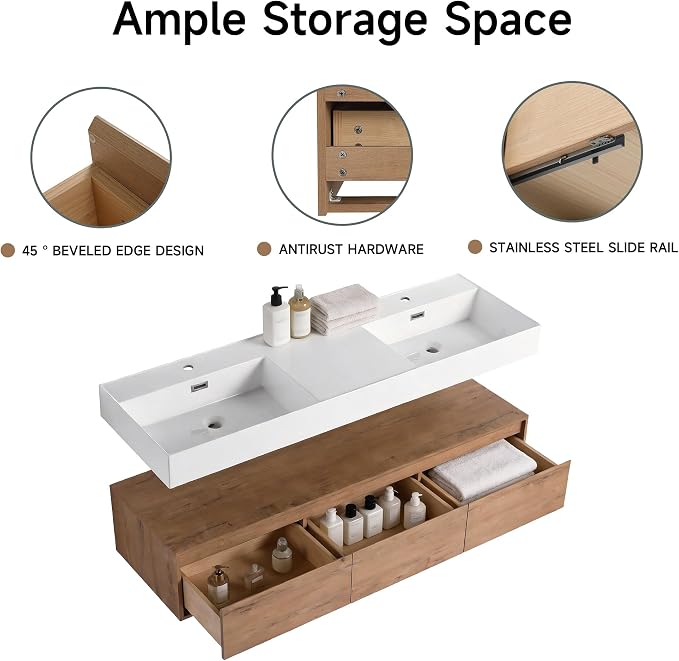 60 Inch Floating Bathroom Vanity with Double Sink, Modern Wall-Mounted Bathroom Cabinet with Resin Sink & Soft Close Drawer, Split-Level Layout (Nature Oak, 60" Double Sink)