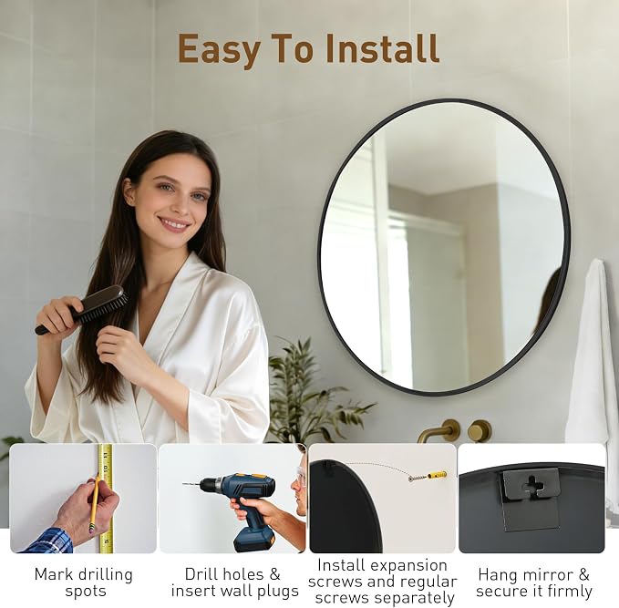 NEWBULIG 28 Inch Round Wall Mirror, Bathroom Mirrors for Over Sink | Metal Framed Circle Vanity Mirror, Wall Decor for Bedroom, Entryway, Anti-Rust, Tempered Glass, Hanging or Leaning, Black