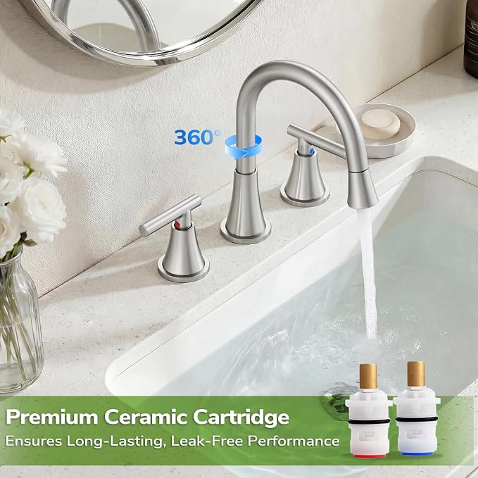 8 Inch Pull Out Sprayer Bathroom Faucet 3 Hole, Widespread 2 Handle Sink Faucet with Pop Up Drain and Supply Lines, Stainless Steel for Vanity, RV, Brushed Nickel