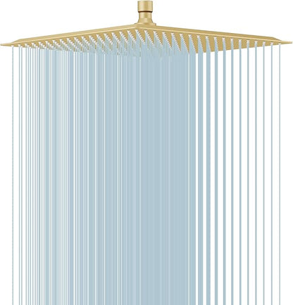 16 In Rain Shower Head High Pressure Rainfall Shower Head Brushed Gold | Square Rain Bathroom Showerhead, High Flow, Large Stainless Steel, Ceiling Mounted, Wall Mounted, Waterfall Full Body