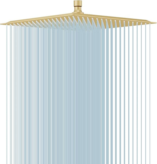16 In Rain Shower Head High Pressure Rainfall Shower Head Brushed Gold | Square Rain Bathroom Showerhead, High Flow, Large Stainless Steel, Ceiling Mounted, Wall Mounted, Waterfall Full Body