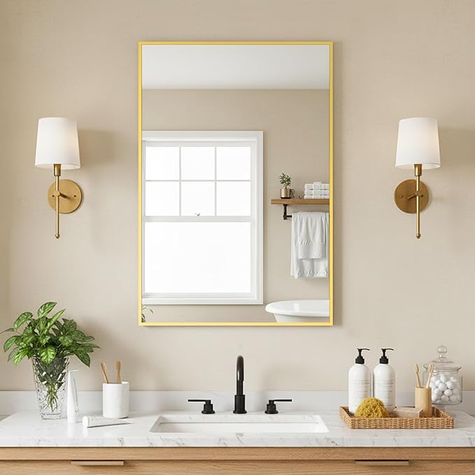 FICTOR Bathroom Vanity Mirror for Over Sink, 20" x 30", Gold | Anti-Rust Frame, Shatterproof Tempered Glass, Vertical/Horizontal Wall Mounted Mirror for Bedroom, Entryway, Living Room