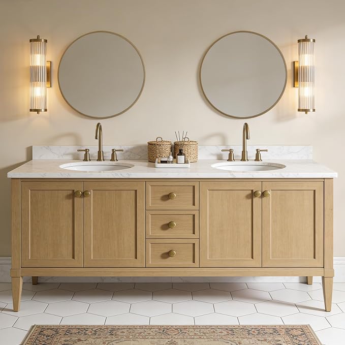 Round Wood Mirror 24" Circle Wall Mirror for Bathroom Round Wall Mirror for Wall Decor, Vanity, Entryway Living Room, Honey