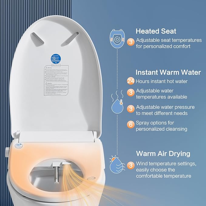 Smart Bidet Toilet Seat with Remote, Adjustable Heated Seat&Air Dryer, Endless Instant Warm Water, Multiple Spray Modes, Stainless Steel Nozzle, Soft Close, Deodorizer, 3D Curved(AMZ-US-NKH3101-NA)