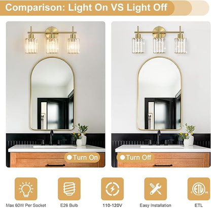 Brushed Gold Bathroom Light Fixtures, Square, 3-Light | Vanity Lights with Crystal Shades, Modern Bathroom Lighting Fixtures over Mirror (Bulbs Not Included, E26)