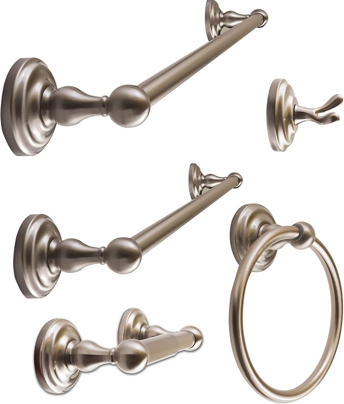 SENTO ROBIKI Nickel Bathroom Accessories Set, Bath Hardware, Includes Robe Hook, Toilet Paper Holder, Towel Ring, 18” & 24” Towel Bar, Duty Metal Bath Hardware Set Wall Mounted (5-Piece, Satin Nickel)