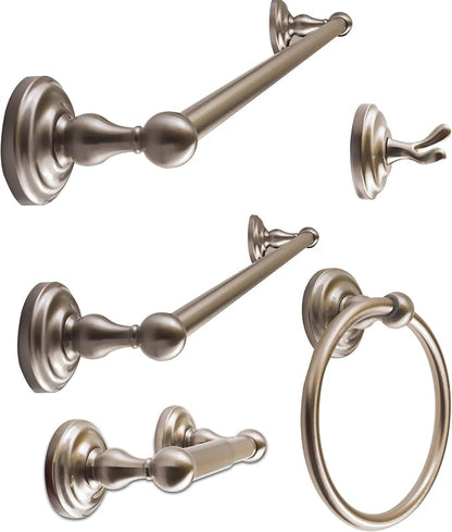 SENTO ROBIKI Nickel Bathroom Accessories Set, Bath Hardware, Includes Robe Hook, Toilet Paper Holder, Towel Ring, 18” & 24” Towel Bar, Duty Metal Bath Hardware Set Wall Mounted (5-Piece, Satin Nickel)