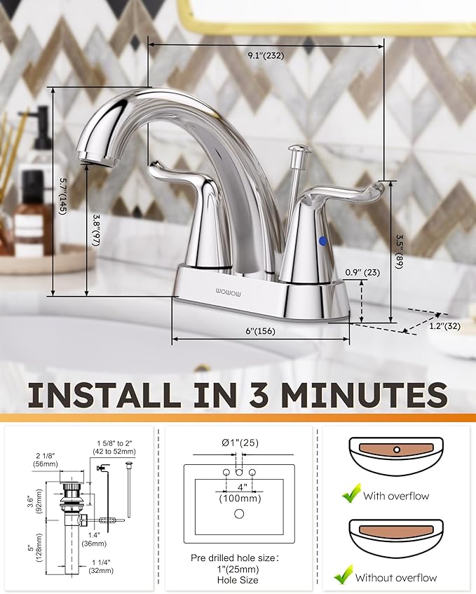 WOWOW Bathroom Faucet 2 Handle 4 Inch Centerset Bathroom Sink Faucet Lead-Free Basin Mixer Tap Lift Rod Drain Stopper, Two-Handle Center-Set Lavatory Faucet Chrome