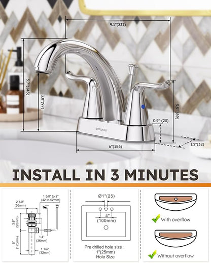 WOWOW Bathroom Faucet 2 Handle 4 Inch Centerset Bathroom Sink Faucet Lead-Free Basin Mixer Tap Lift Rod Drain Stopper, Two-Handle Center-Set Lavatory Faucet Chrome