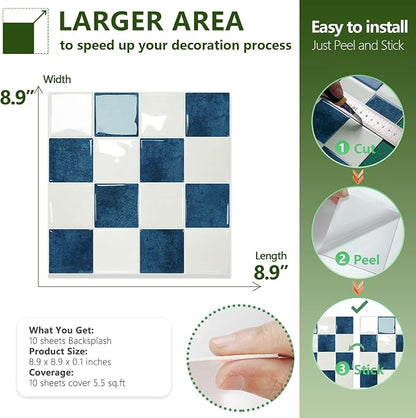 STICKGOO 10 Sheets Peel and Stick Backsplash - 9" x 9" 5D Adhesive Peel and Stick Tile Backsplash for Kitchen&Bathroom