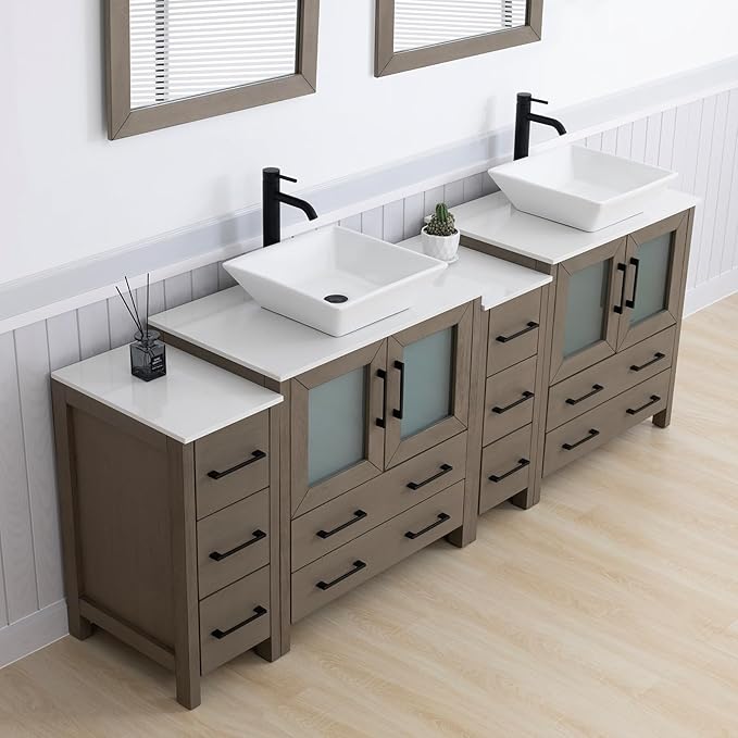 Vanity Art 84 Inch Vessel Double Sink Bathroom Vanity Cabinet with 2 Mirrors, Engineered Marble Top Bathroom Cabinet Compact Set with 10 Dovetail Drawers and Soft Closing Doors, VA3130-84DG