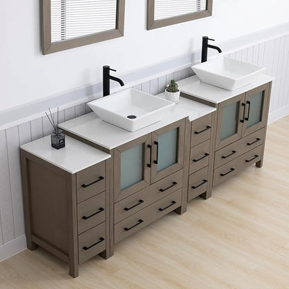 Vanity Art 84 Inch Vessel Double Sink Bathroom Vanity Cabinet with 2 Mirrors, Engineered Marble Top Bathroom Cabinet Compact Set with 10 Dovetail Drawers and Soft Closing Doors, VA3130-84DG