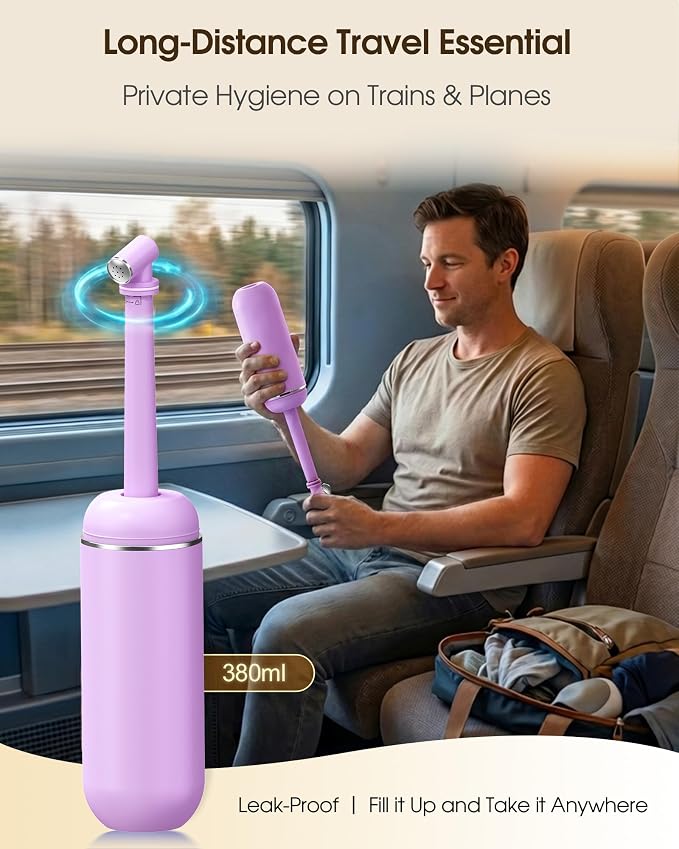 Portable Bidet for Travel & Camping - Manual Squeeze Peri Bottle Handheld | 3 Leak-Proof Seals | BPA-Free | Feminine Hygiene Care Postpartum | Extendable Sprayer with Nozzle for Men&Women-Light Purple