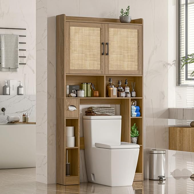 Vabches Over The Toilet Storage Cabinet with Barn Doors, Rattan Oak | Toilet Cabinet Rack, Space Saving Bathroom Organizer with Shelves, Toilet Paper Holder and Towel Rack for Bathroom,Laundry.