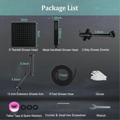 All Metal For California Rain Shower Head with Handheld Combo, YDmeet 8 Inch Rainfall Shower Head, 3-Way Diverter, Stainless Steel Handheld, 14" Adjustable Extension Arm, 71 Inch Hose, Matte Black