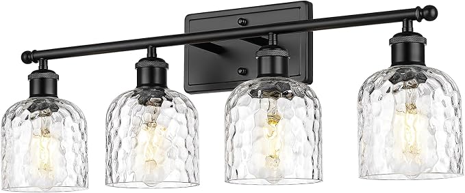zeyu 27'' Black Vanity Light for Bathroom, 4-Light Wall Mount Vanity Light Fixture, Black Finish with Clear Hammered Glass, ZJF63B-4W BK