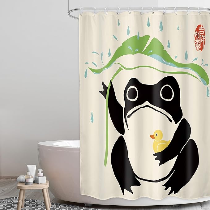 LGhtyro Funny Frog Shower Curtain Bathroom Set 54Wx78H Inches Cute Duck Asian Traditional Japanese Style Taking Lotus Animal Leaf Rain Bath Accessories Frog Art Home Decor Fabric 12 Pack Hooks
