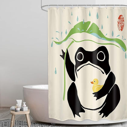 LGhtyro Funny Frog Shower Curtain Bathroom Set 54Wx78H Inches Cute Duck Asian Traditional Japanese Style Taking Lotus Animal Leaf Rain Bath Accessories Frog Art Home Decor Fabric 12 Pack Hooks