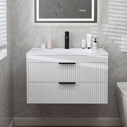 30 Inches Modern MDF Bathroom Vanity with Sink, Wall Mounted Floating Cabinets w/Double Drawers, Black Handles, White Resin Sink Combo Set (White, 30")