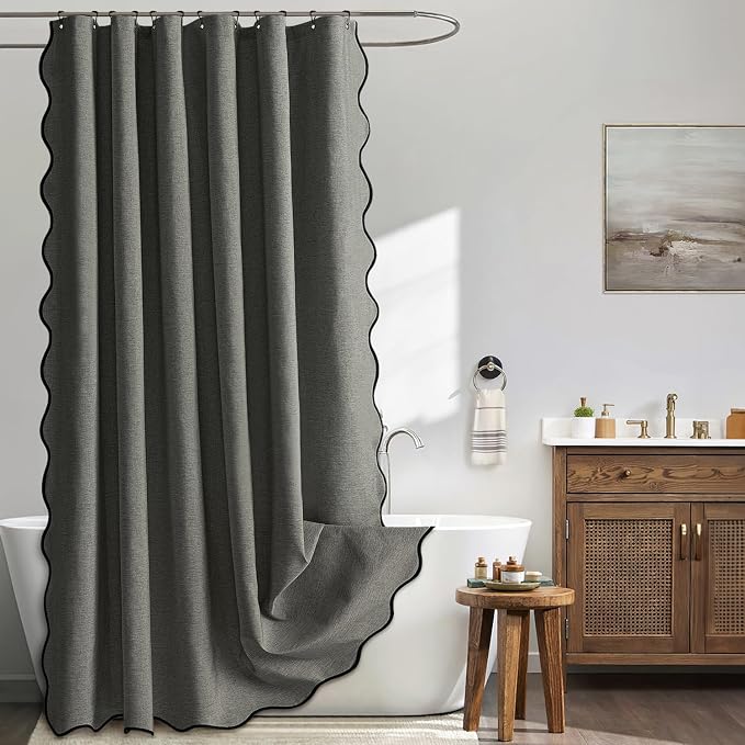 MIULEE Charcoal Grey Scalloped Linen Shower Curtain 72x72 Inches | Linen Textured, Waterproof, Washable, 12 Metal Hooks, Heavy Duty Cloth, Black Border, Shower Curtain for Bathroom Bathtub