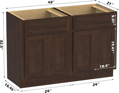 Vanity Art 48 Inch Bathroom Base Cabinet Only, Double Sink Top (Not Include Sink) with Door & Soft Close Hinge, Unassembled Floor Cabinet, Brown, 2ea 24 Inch Combo
