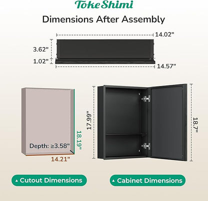 TokeShimi 14 x 18 Recessed Medicine Cabinet, Assembly Required, Black Bathroom Medicine Cabinet with Mirror, Stepless Adjustable Shelves, Tempered Glass, Beveled Aluminum Frame
