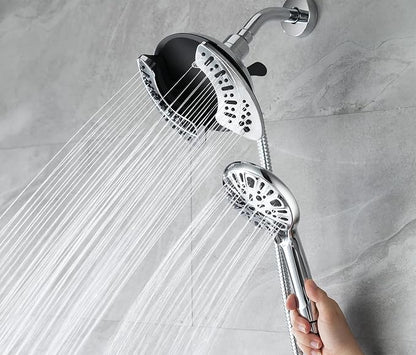 2 in 1 Shower Head with Handheld Combo High Pressure Silver 2.5 GPM | 7.2" Rain Showerhead and 9 Spray Hand Held Shower, Adjustable Shower Angle, 59-inch Rotatable Stainless Steel Hose