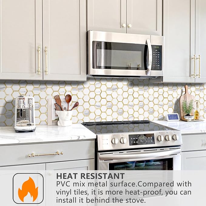 STICKGOO Hexagon Peel and Stick Backsplash Tile, Stick on Backsplash for Kitchen and Bathroom, White Marble Look PVC Mixed Metal Gold Self Adhesive Metal Mosaic Tiles(Sample, Seamless)