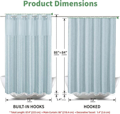 eachope No Hook Extra Long Shower Curtain Set with Snap-in Liner,Linen Textured Thick Striped Fabric with Tassels,Boho Chic Modern Farmhouse Bathroom Curtain,Water-Repellent,Fog Blue,71x86 | 330GSM Thick Linen Textured Striped Fabric with Tassels,Snap-...