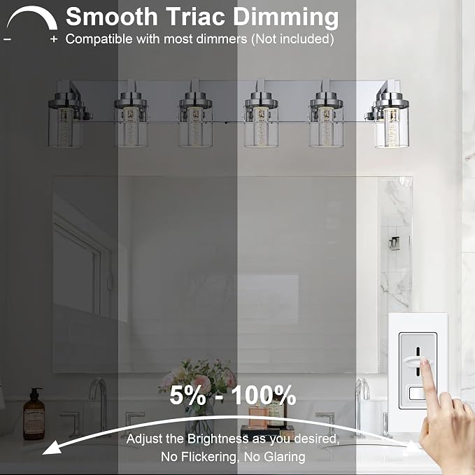 MELUCEE 6-Light LED Bathroom Light Fixtures Chrome, Built-in LED Chips | Modern Bubble Crystal Vanity Lights with Clear Glass Shade, Dimmable 5CCT Wall Sconce Lamp for Bathroom Restroom