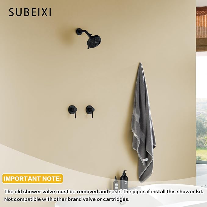 Matte Black 2 Handle Shower faucet Set, 8 Mode Shower Head Bathroom Shower Faucet Trim Kit with Rough-in Valve, Wall Mount