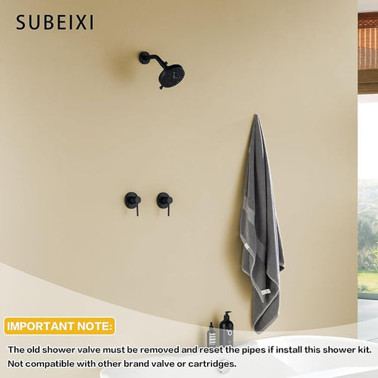 Matte Black 2 Handle Shower faucet Set, 8 Mode Shower Head Bathroom Shower Faucet Trim Kit with Rough-in Valve, Wall Mount
