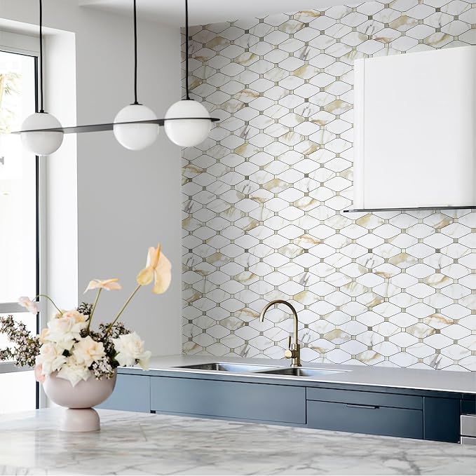 STICKGOO 1 Sheet Peel and Stick Backsplash, Calacatta Golden Stick on Aluminum Composite Tiles Stikers, Self Adhesive Mixed Metal Backsplash for Kitchen, Bathroom, Fireplace, RV