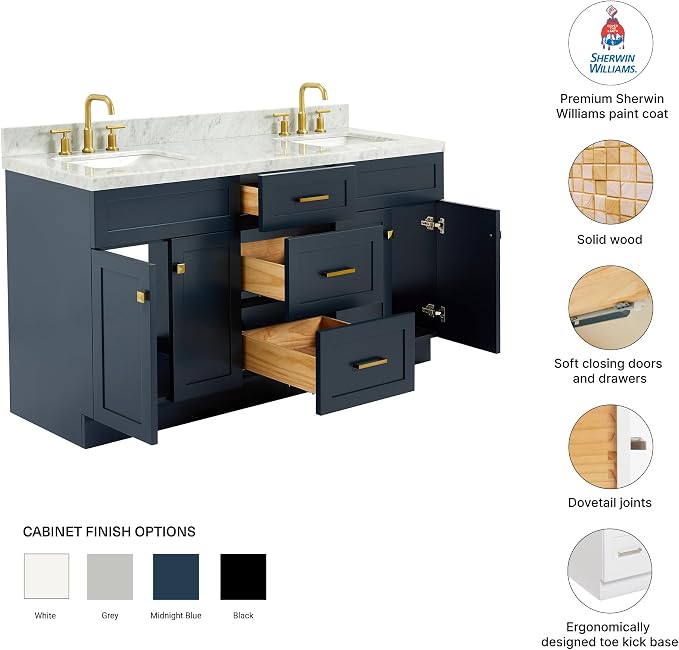 Bradford 66-Inch Midnight Blue Double Bathroom Vanity, 1.5-Inch Italian Carrara Marble Countertop & Backsplash, Double Rectangular Sinks, Soft Closing Doors & Dovetail Drawers, Satin Brass