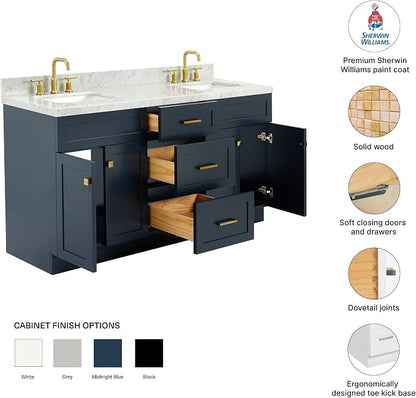 Bradford 66-Inch Midnight Blue Double Bathroom Vanity, 1.5-Inch Italian Carrara Marble Countertop & Backsplash, Double Rectangular Sinks, Soft Closing Doors & Dovetail Drawers, Satin Brass