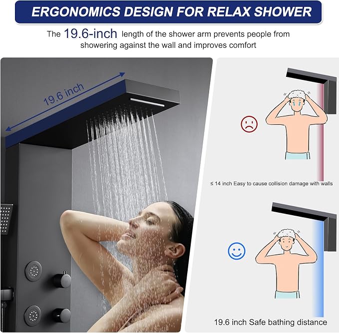 ROVATE 4-in-1 Rainfall Waterfall Shower Panel Tower System, Matte Black | Shower Column with Body Massage Jets and Handheld, Stainless Steel High Pressure, Use Multiple Functions Simultaneously