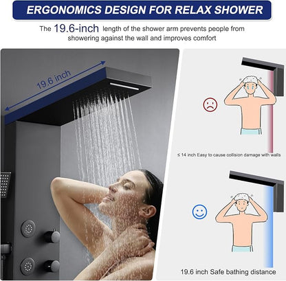 ROVATE 4-in-1 Rainfall Waterfall Shower Panel Tower System, Matte Black | Shower Column with Body Massage Jets and Handheld, Stainless Steel High Pressure, Use Multiple Functions Simultaneously