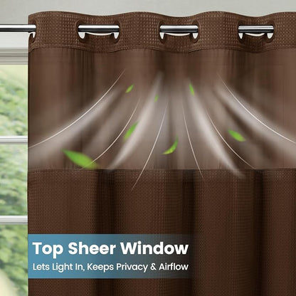SORTTO No Hook Shower Curtain with Snap in Liner Set Waffle Shower Curtain for Bathroom Hotel Style Fabric Waterproof Inner Liner，71" W x 74" H, Brown