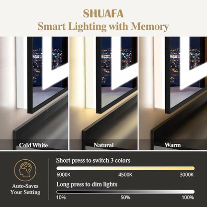28X36 Inch LED Bathroom Mirror with Lights, Black Frame Frontlit+ Backlit Bathroom Vanity Mirror for Wall, Ultra-Clear Tempered Glass, Shatter-Proof, Anti-Fog and Memory Function, ETL Listed