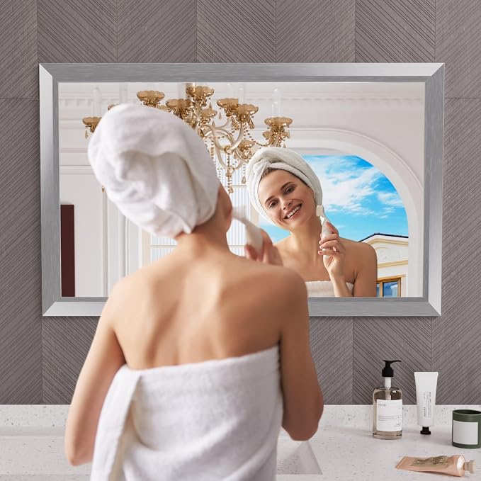 Bathroom Mirror for Wall, 48x30 Inch (Brushed Silver) | HD Reflection, Tempered Glass, Thick Metal Framed Rectangle Mirrors for Over Sink, Bedroom, Living Room, Entryway, Anti-Rust