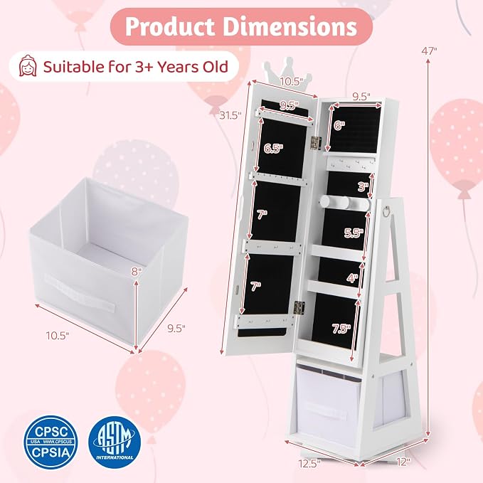 CHARMAID 360° Swivel Kids Jewelry Cabinet, 47" Full Length Mirror with Jewelry Storage, Jewelry Armoire with Drawer and Back Shelf, Kids Vanity Dressing Mirror Jewelry Organizer for Girls (White)