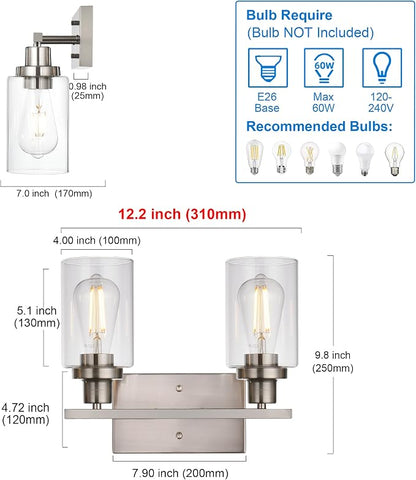 MELUCEE 2 Heads Bathroom Light Fixtures Brushed Nickel | Metal Wall Lights with Clear Glass Shade Modern Vanity Lights Sconces for Hallway Bedroom Kitchen (Patent No.: US D963914 S)