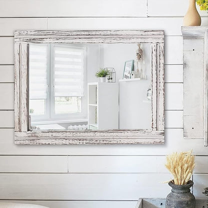 AAZZKANG Rustic Wall Mirror Rectangle Wood Framed Mirrors Large 20"x16" Decorative for Bedroom Bathroom Living Room Farmhouse Home Entryway Hanging White