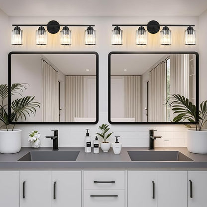 29.1" Black Vanity Light, 4-Light Bathroom Light Fixtures with Clear Crystal Shades, E26 Base Modern Black Wall Sconce, Vanity Lights for Bathroom Powder Room Bedroom Hallway