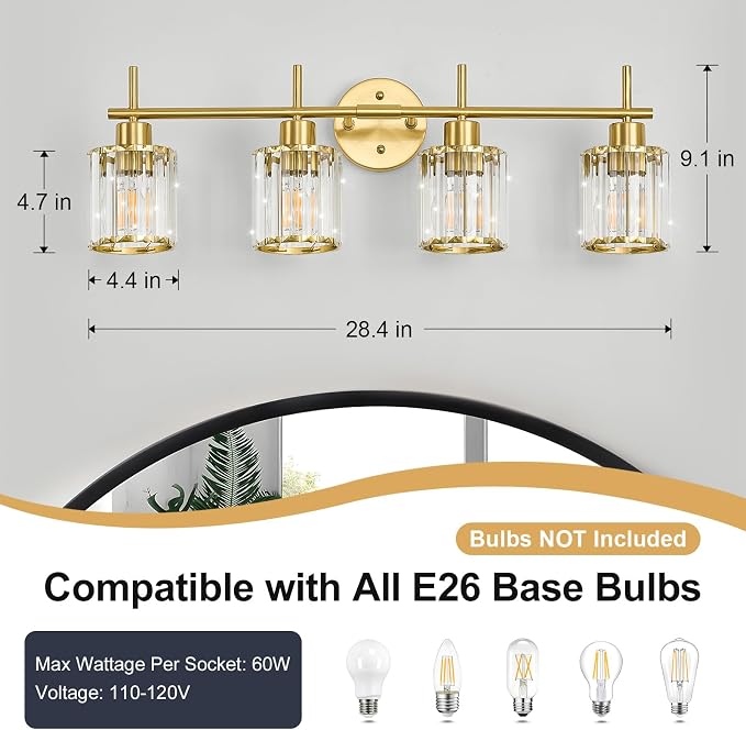 Brushed Gold Bathroom Light Fixtures, Round, 3-Light | Vanity Lights with Crystal Shades, Modern Bathroom Lighting Fixtures over Mirror (Bulbs Not Included, E26)