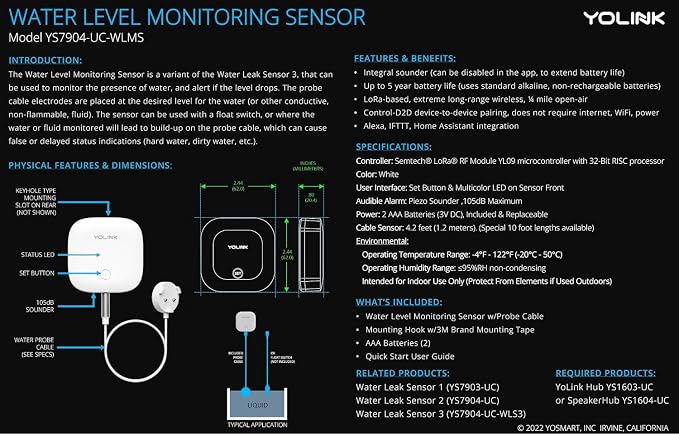 YoLink Water Leak Sensor 3, with Built-in Siren Up to 105dB, Compatible with Alexa and IFTTT - SpeakerHub Included