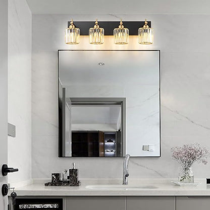 Black Gold Crystal Bathroom Vanity Light, Modern 4-Lights Bathroom Light Fixtures Over Mirror, Crystal Wall Lighting with Polished Gold Finish