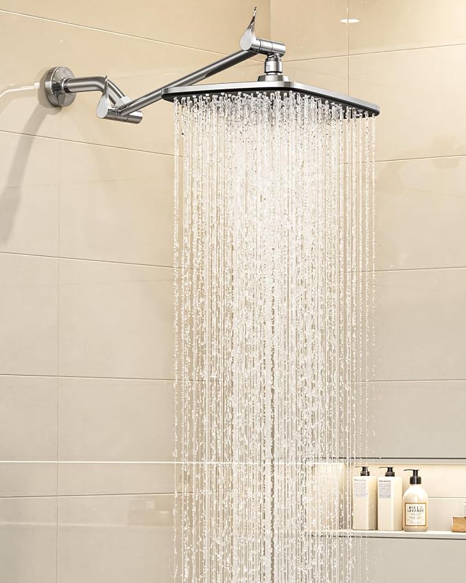 Veken 11.8" Rainfall Shower Head, 11" Stainless Steel Exension Arm | Rectangular Rainfall Showerhead,Height & Angle Decor Adjustable, High Pressure, Bathroom Accessories, Chrome