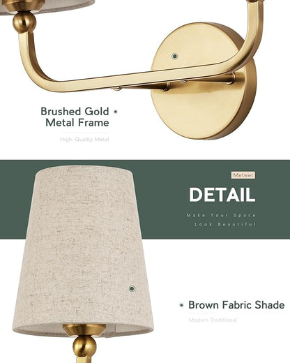 2-Light Bathroom Light Fixtures, Brushed Gold Vanity Lights, Double Wall Sconce with Brown Fabric Shade, Modern Sconces Wall Lighting for Hallway Bedroom Stairway, VL837-BG-L-2